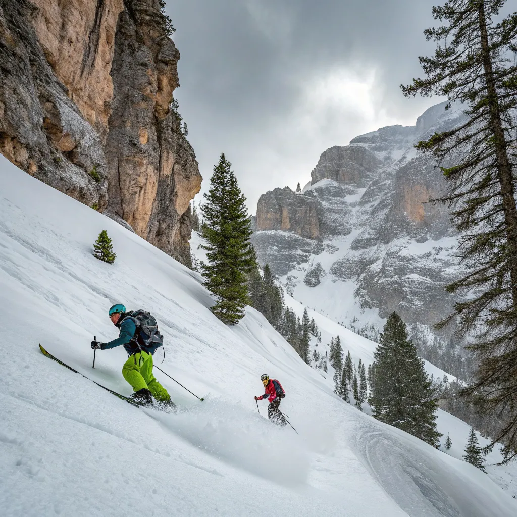 Advanced skiers tackling a challenging snowy path