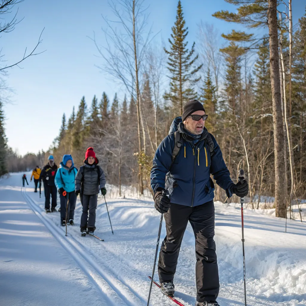 Instructor leading a group of beginners in cross-country skiing
