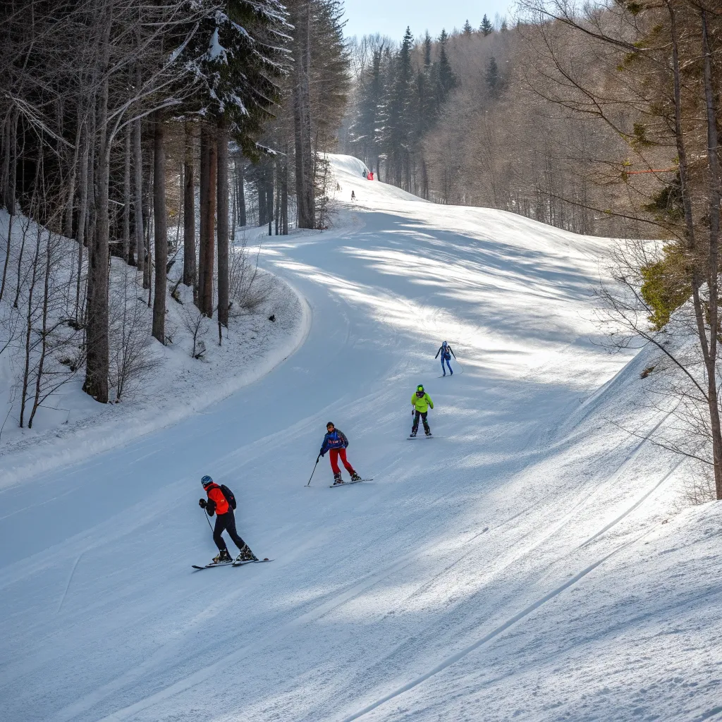 Intermediate skiers practicing on a snowy trail