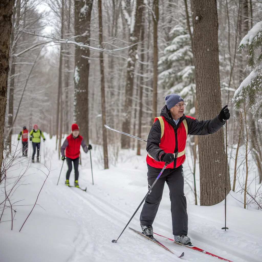 Cross-country skiing instructor guiding a group